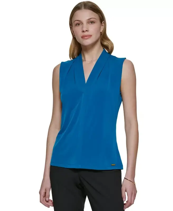 Gathered V-Neck Sleeveless Top-Cypress - CALVIN KLEIN