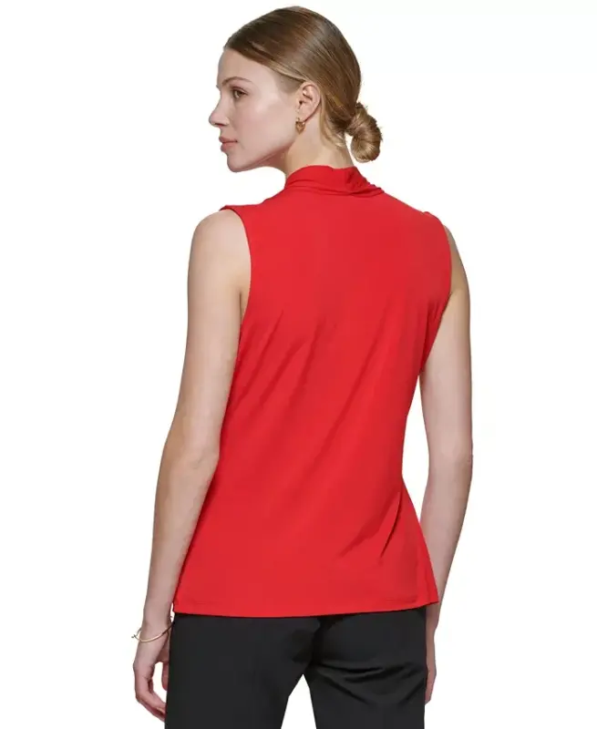 Gathered V-Neck Sleeveless Top-Red - 2