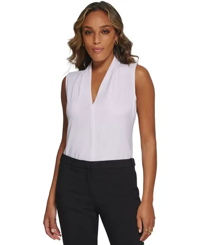 Gathered V-Neck Sleeveless Top-White - 1