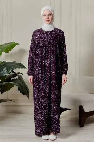 Gathered Yoke Buttoned Front Viscose Fabric Modest Wear Mother Dress Prayer Dress-Floral Pattern Purple - FISTAN (1)