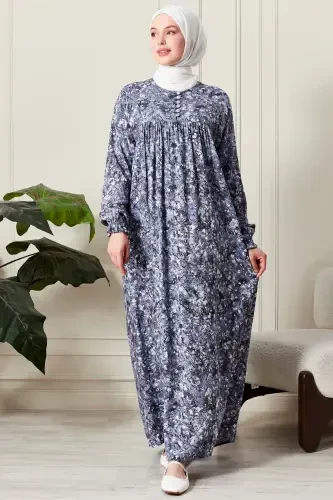 Gathered Yoke Buttoned Front Viscose Fabric Modest Wear Mother Dress Prayer Dress-Nature Pattern Blue - 1