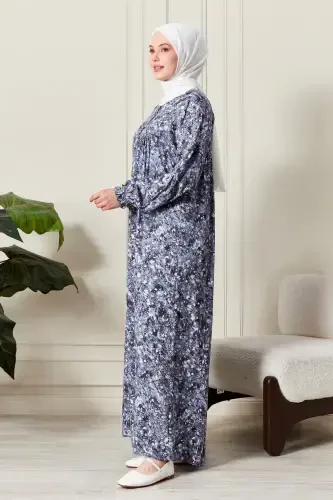 Gathered Yoke Buttoned Front Viscose Fabric Modest Wear Mother Dress Prayer Dress-Nature Pattern Blue - FISTAN (1)