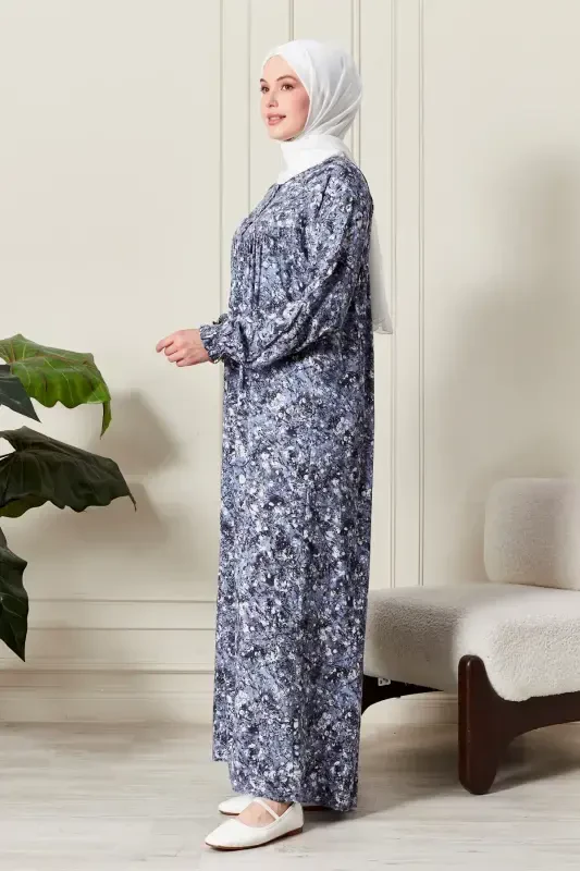 Gathered Yoke Buttoned Front Viscose Fabric Modest Wear Mother Dress Prayer Dress-Nature Pattern Blue - 2