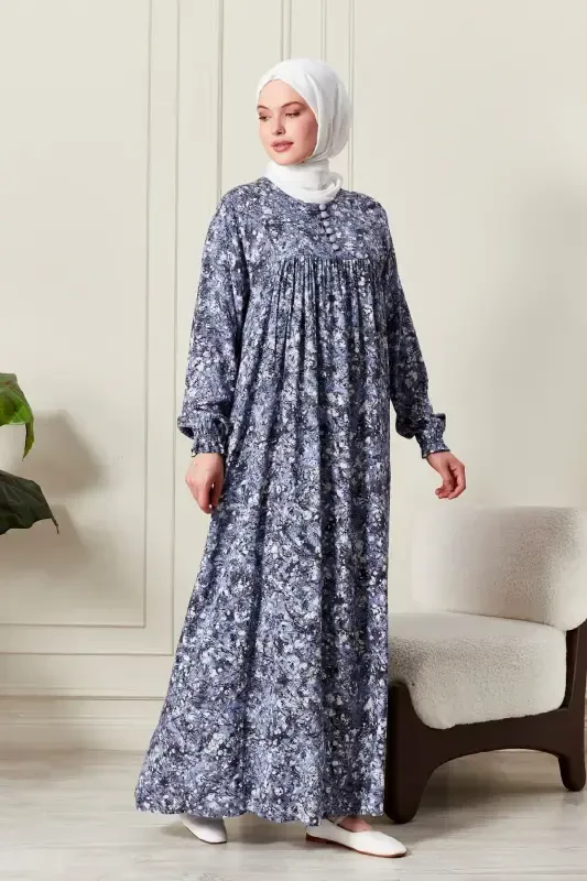 Gathered Yoke Buttoned Front Viscose Fabric Modest Wear Mother Dress Prayer Dress-Nature Pattern Blue - 3