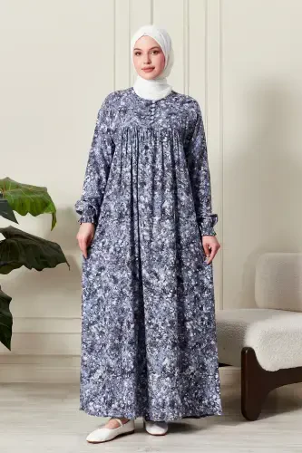 Gathered Yoke Buttoned Front Viscose Fabric Modest Wear Mother Dress Prayer Dress-Nature Pattern Blue - 4