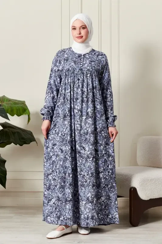 Gathered Yoke Buttoned Front Viscose Fabric Modest Wear Mother Dress Prayer Dress-Nature Pattern Blue - 4