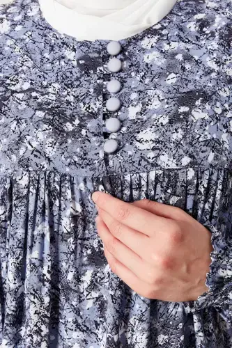 Gathered Yoke Buttoned Front Viscose Fabric Modest Wear Mother Dress Prayer Dress-Nature Pattern Blue - 6