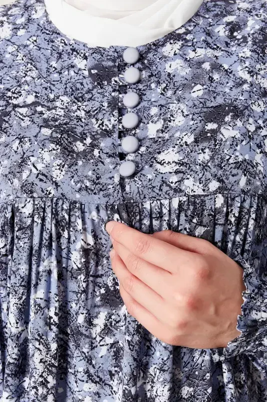 Gathered Yoke Buttoned Front Viscose Fabric Modest Wear Mother Dress Prayer Dress-Nature Pattern Blue - 6
