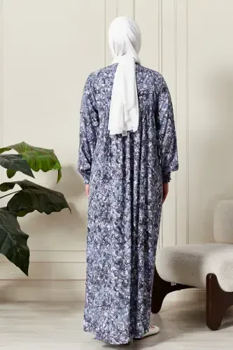 Gathered Yoke Buttoned Front Viscose Fabric Modest Wear Mother Dress Prayer Dress-Nature Pattern Blue - 7