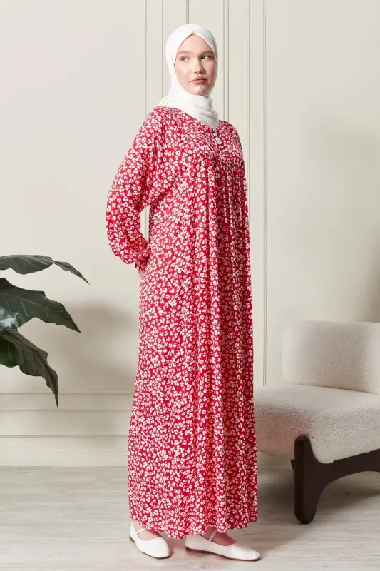 Gathered Yoke Buttoned Front Viscose Fabric Modest Wear Mother Dress Prayer Dress-Red21 - 4