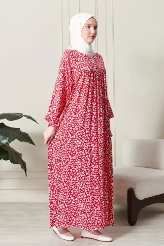 Gathered Yoke Buttoned Front Viscose Fabric Modest Wear Mother Dress Prayer Dress-Red21 - 5