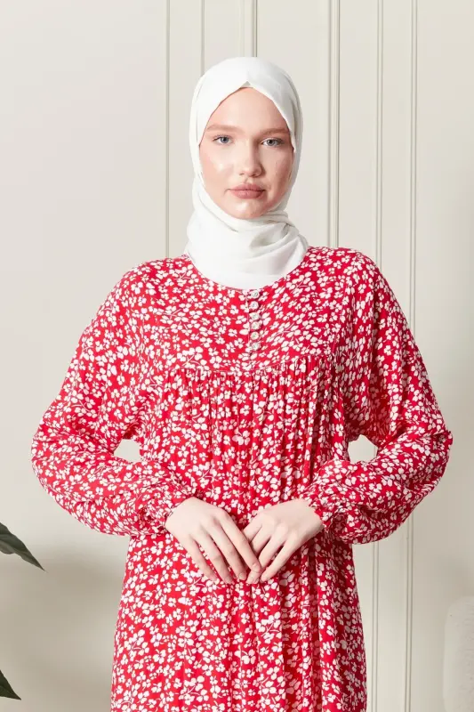 Gathered Yoke Buttoned Front Viscose Fabric Modest Wear Mother Dress Prayer Dress-Red21 - 6