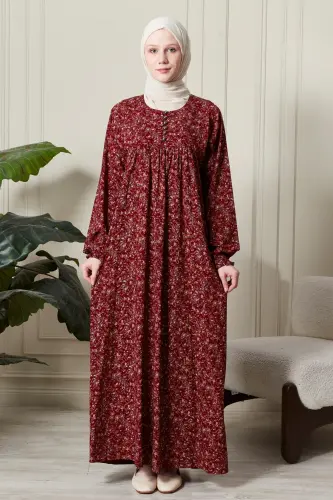 Gathered Yoke Buttoned Front Viscose Fabric Modest Wear Mother Dress Prayer Dress-Shawl Pattern Red 
