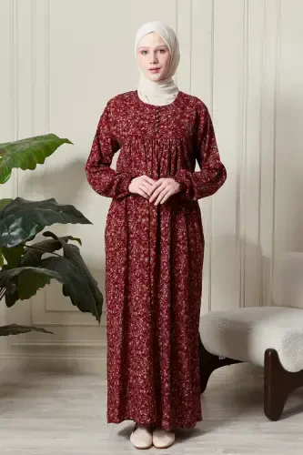 Gathered Yoke Buttoned Front Viscose Fabric Modest Wear Mother Dress Prayer Dress-Shawl Pattern Red - FISTAN (1)