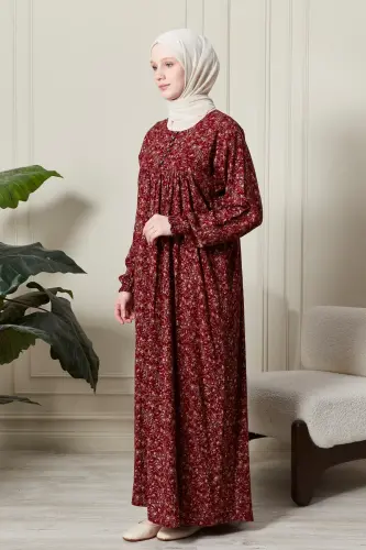 Gathered Yoke Buttoned Front Viscose Fabric Modest Wear Mother Dress Prayer Dress-Shawl Pattern Red - 3