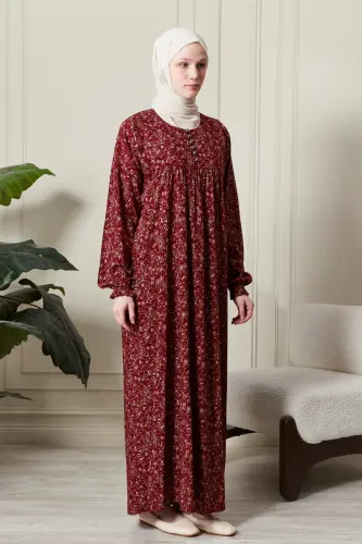 Gathered Yoke Buttoned Front Viscose Fabric Modest Wear Mother Dress Prayer Dress-Shawl Pattern Red - 4