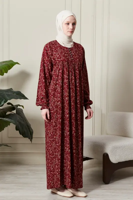 Gathered Yoke Buttoned Front Viscose Fabric Modest Wear Mother Dress Prayer Dress-Shawl Pattern Red - 4