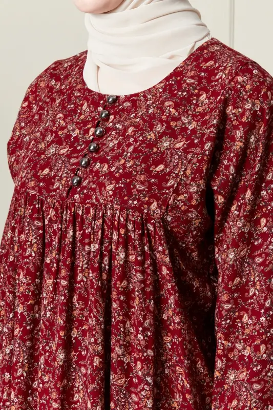 Gathered Yoke Buttoned Front Viscose Fabric Modest Wear Mother Dress Prayer Dress-Shawl Pattern Red - 6