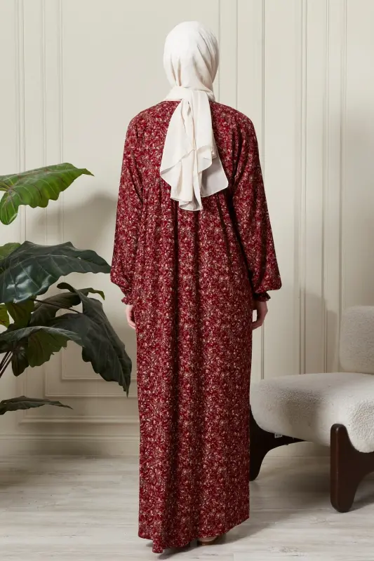 Gathered Yoke Buttoned Front Viscose Fabric Modest Wear Mother Dress Prayer Dress-Shawl Pattern Red - 7