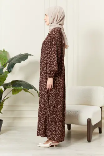 Gathered Yoke Front Button Viscose Fabric Hijab Clothing Mother Dress Prayer Dress - Brown11 - 3