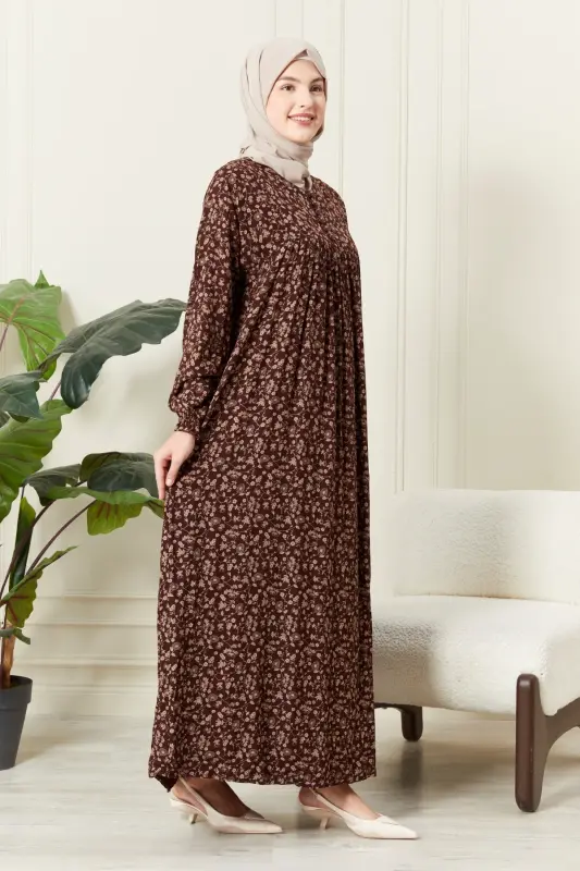 Gathered Yoke Front Button Viscose Fabric Hijab Clothing Mother Dress Prayer Dress - Brown11 - 4