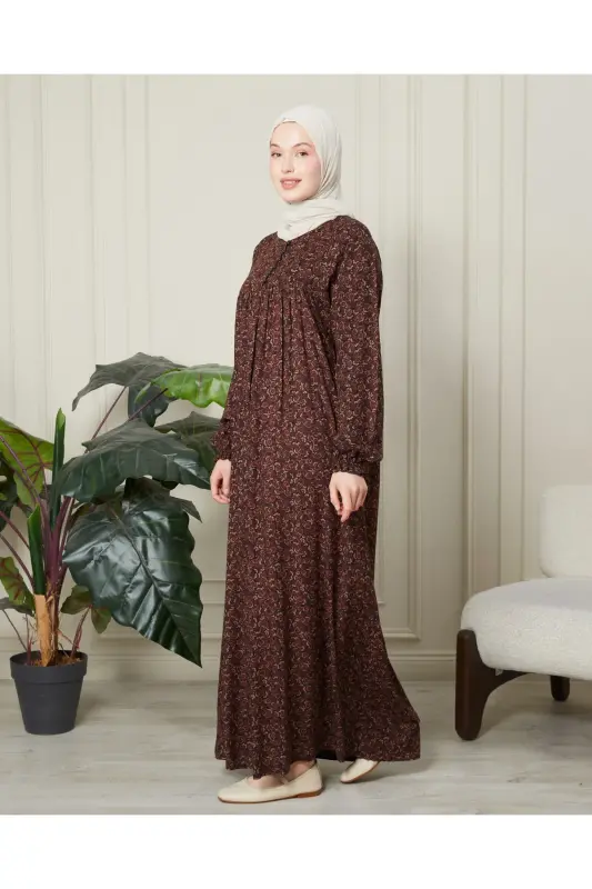 Gathered Yoke Front Buttoned Viscose Fabric Hijab Clothing Mother Dress Prayer Dress - Brown Thick Shawl Pattern - 7