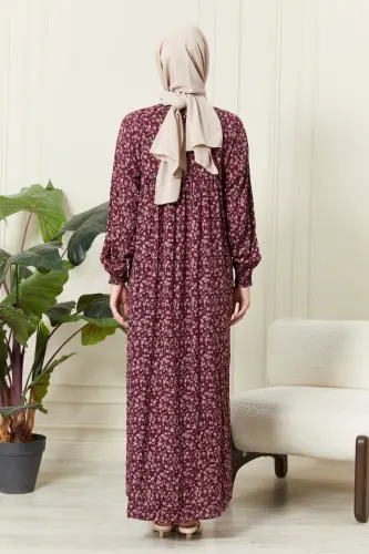 Gathered Yoke Front Buttoned Viscose Fabric Hijab Clothing Mother Dress Prayer Dress - Burgundy 11 - 5