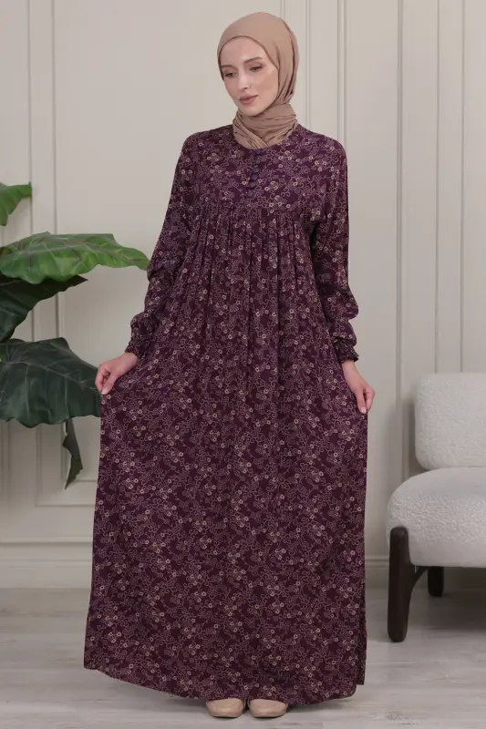 Gathered Yoke Front Buttoned Viscose Fabric Hijab Clothing Mother Dress Prayer Dress - Burgundy 26 - 2