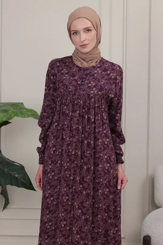 Gathered Yoke Front Buttoned Viscose Fabric Hijab Clothing Mother Dress Prayer Dress - Burgundy 26 - 3