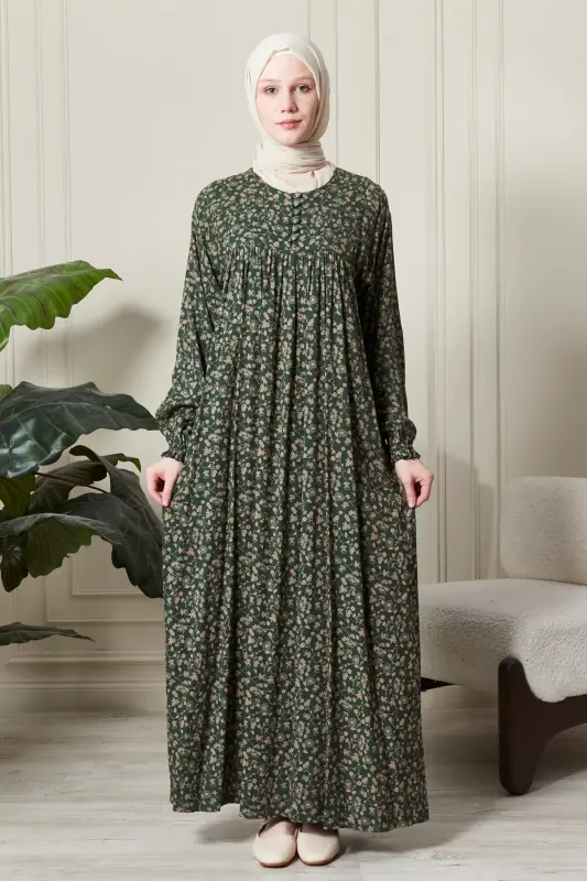Gathered Yoke Front Buttoned Viscose Fabric Hijab Clothing Mother Dress Prayer Dress - Khaki15 - 1