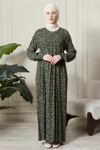 Gathered Yoke Front Buttoned Viscose Fabric Hijab Clothing Mother Dress Prayer Dress - Khaki15 - FISTAN (1)