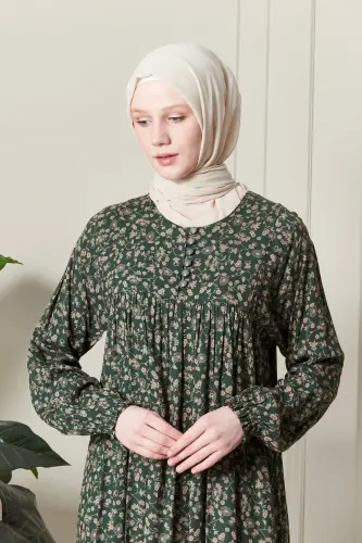 Gathered Yoke Front Buttoned Viscose Fabric Hijab Clothing Mother Dress Prayer Dress - Khaki15 - 5