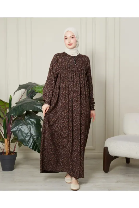 Gathered Yoke Front Buttoned Viscose Fabric Hijab Mother Dress Prayer Dress - Brown Thin Paisley Pattern - 1