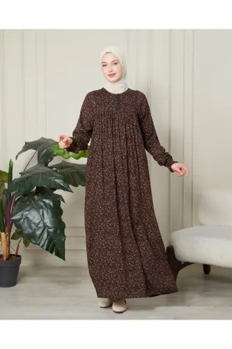 Gathered Yoke Front Buttoned Viscose Fabric Hijab Mother Dress Prayer Dress - Brown Thin Paisley Pattern - 2