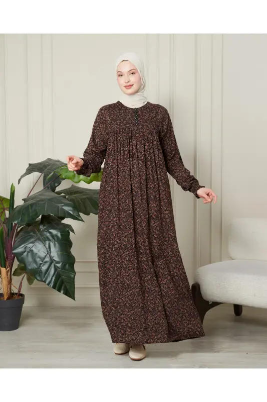 Gathered Yoke Front Buttoned Viscose Fabric Hijab Mother Dress Prayer Dress - Brown Thin Paisley Pattern - 2