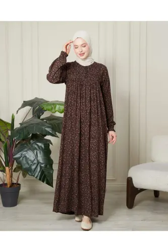 Gathered Yoke Front Buttoned Viscose Fabric Hijab Mother Dress Prayer Dress - Brown Thin Paisley Pattern - 3