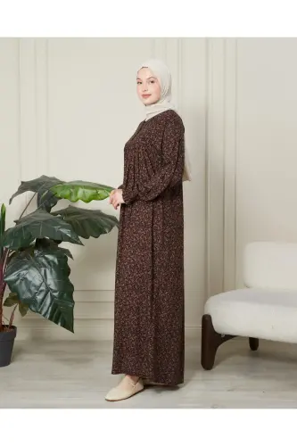 Gathered Yoke Front Buttoned Viscose Fabric Hijab Mother Dress Prayer Dress - Brown Thin Paisley Pattern - 5