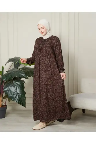 Gathered Yoke Front Buttoned Viscose Fabric Hijab Mother Dress Prayer Dress - Brown Thin Paisley Pattern - 6