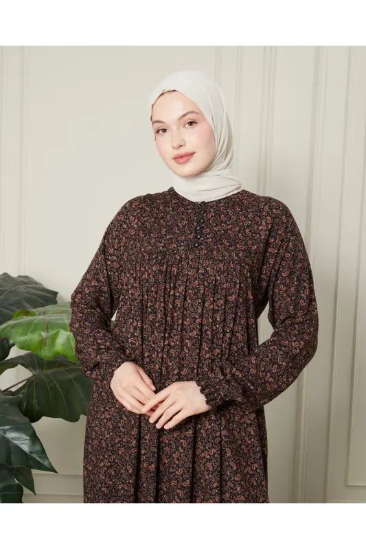 Gathered Yoke Front Buttoned Viscose Fabric Hijab Mother Dress Prayer Dress - Brown Thin Paisley Pattern - 7