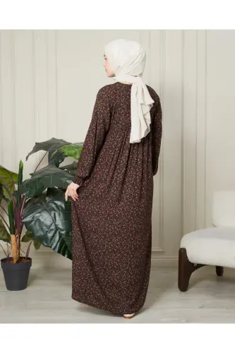 Gathered Yoke Front Buttoned Viscose Fabric Hijab Mother Dress Prayer Dress - Brown Thin Paisley Pattern - 8