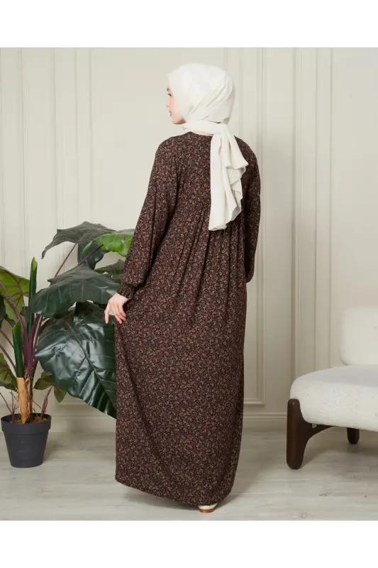 Gathered Yoke Front Buttoned Viscose Fabric Hijab Mother Dress Prayer Dress - Brown Thin Paisley Pattern - 8