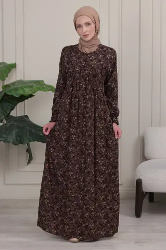 Gathered Yoke Front Buttoned Viscose Fabric Modest Clothing Mother Dress Prayer Dress - Brown 26 - 3