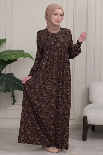 Gathered Yoke Front Buttoned Viscose Fabric Modest Clothing Mother Dress Prayer Dress - Brown 26 - 4