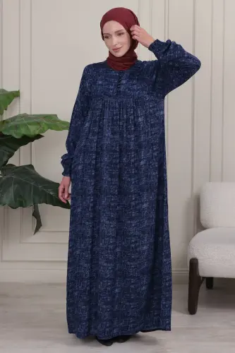 Gathered Yoke Front Buttoned Viscose Fabric Modest Clothing Mother Dress Prayer Dress - Navy Blue Plain - 4