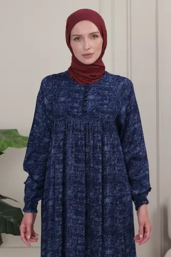 Gathered Yoke Front Buttoned Viscose Fabric Modest Clothing Mother Dress Prayer Dress - Navy Blue Plain - 6