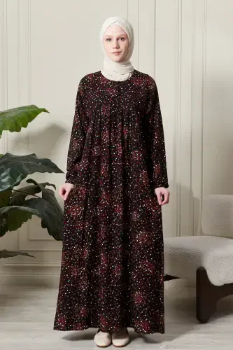 Gathered Yoke Front Buttoned Viscose Fabric Modest Wear Mother Dress Prayer Dress-Floral Pattern Black - 1