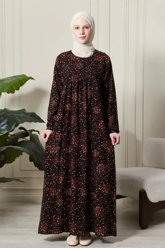 Gathered Yoke Front Buttoned Viscose Fabric Modest Wear Mother Dress Prayer Dress-Floral Pattern Black - 1
