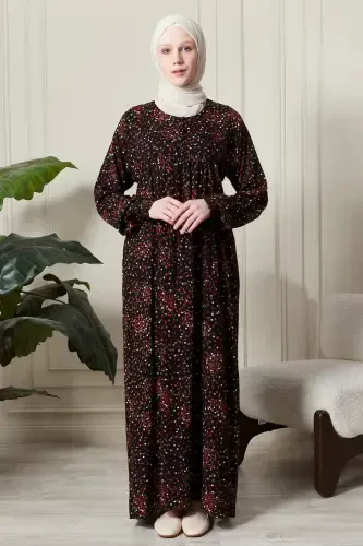 Gathered Yoke Front Buttoned Viscose Fabric Modest Wear Mother Dress Prayer Dress-Floral Pattern Black - FISTAN (1)