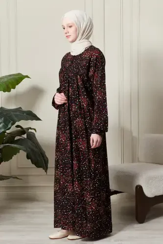 Gathered Yoke Front Buttoned Viscose Fabric Modest Wear Mother Dress Prayer Dress-Floral Pattern Black - 3