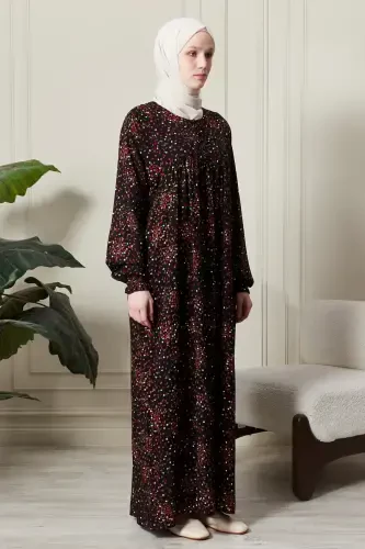 Gathered Yoke Front Buttoned Viscose Fabric Modest Wear Mother Dress Prayer Dress-Floral Pattern Black - 4
